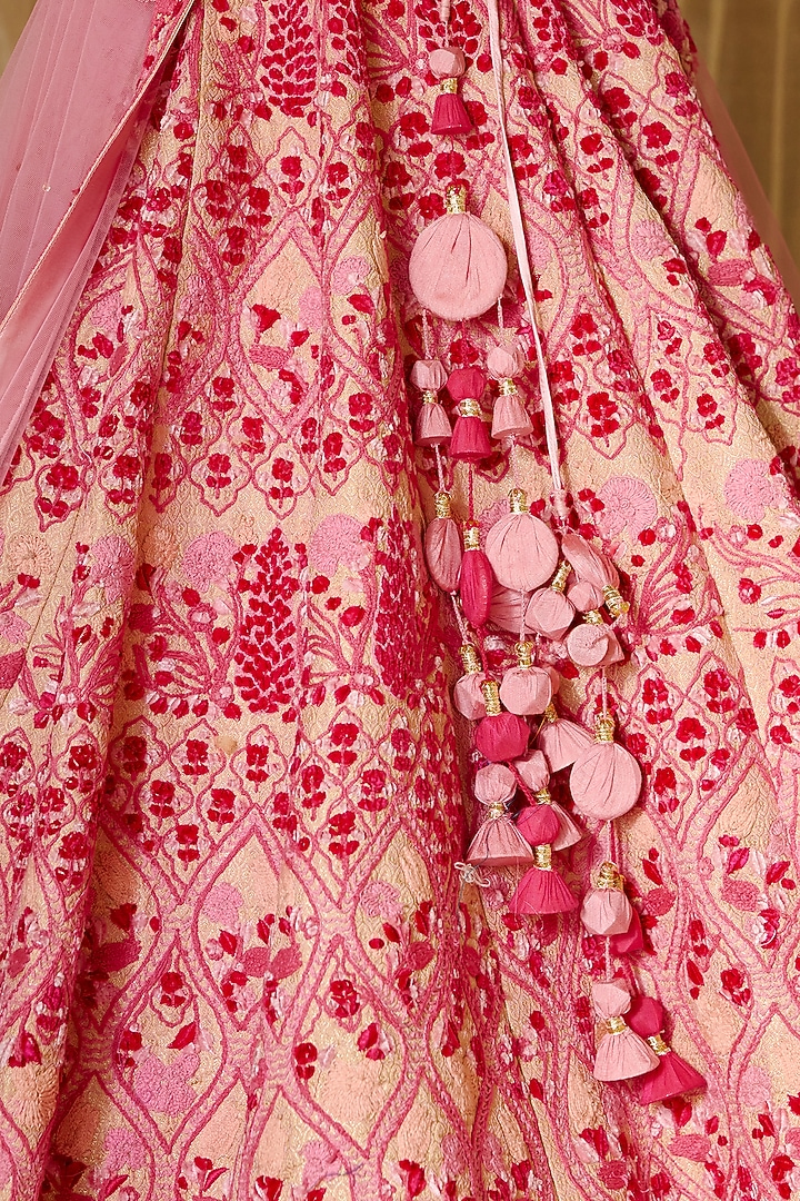 Peach Pink Brocade Embroidered Bridal Lehenga Set by Shyam Narayan Prasad at Pernia's Pop Up Shop