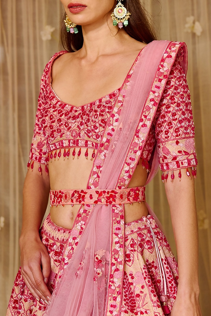 Peach Pink Brocade Embroidered Bridal Lehenga Set by Shyam Narayan Prasad at Pernia's Pop Up Shop