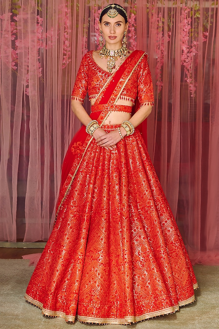 Red Brocade Embroidered Bridal Lehenga Set by Shyam Narayan Prasad at Pernia's Pop Up Shop