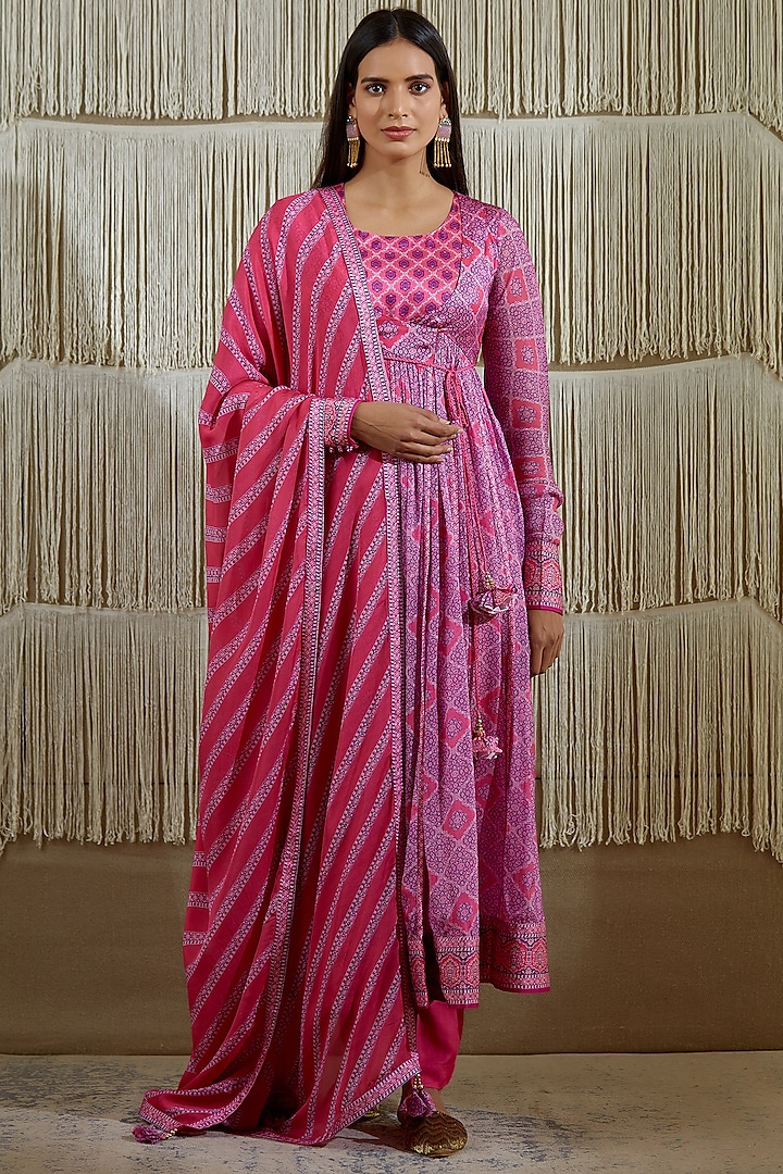 Pinkish Purple Cotton Satin Angrakha Kurta Set by Shyam Narayan Prasad