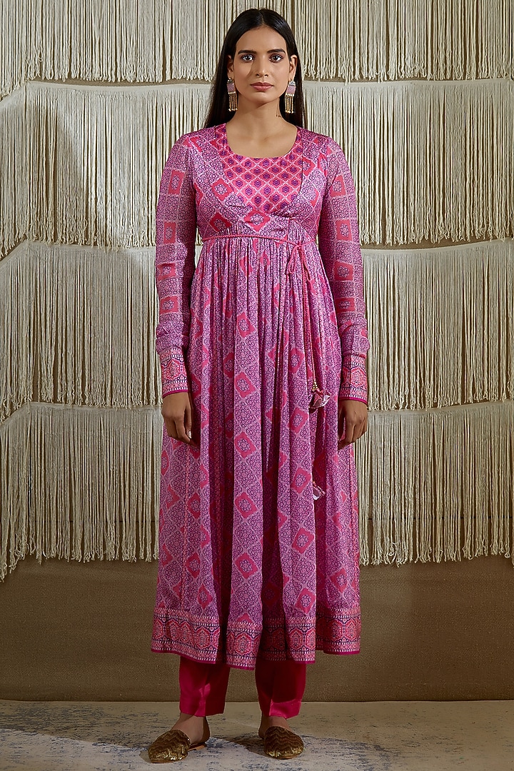 Pinkish Purple Cotton Satin Angrakha Kurta Set by Shyam Narayan Prasad at Pernia's Pop Up Shop