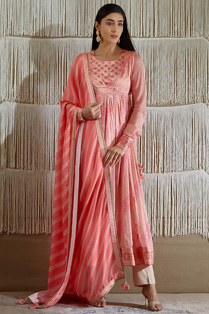 Coral Pink Cotton Satin Angrakha Kurta Set by Shyam Narayan Prasad