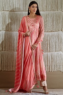Coral Pink Cotton Satin Angrakha Kurta Set by Shyam Narayan Prasad-SHYAM NARAYAN PRASAD