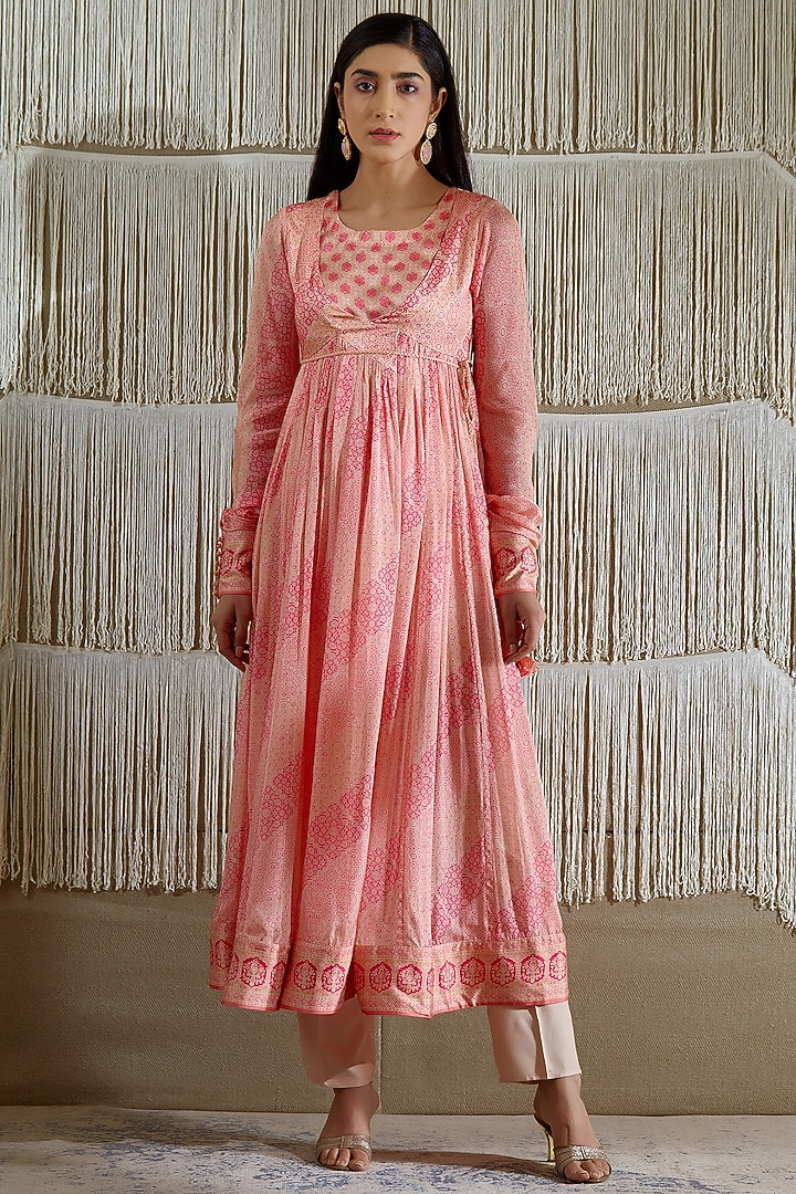 Coral Pink Cotton Satin Angrakha Kurta Set by Shyam Narayan Prasad at Pernia's Pop Up Shop