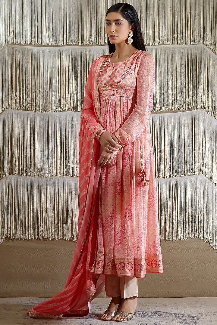 Coral Pink Cotton Satin Angrakha Kurta Set by Shyam Narayan Prasad at Pernia's Pop Up Shop