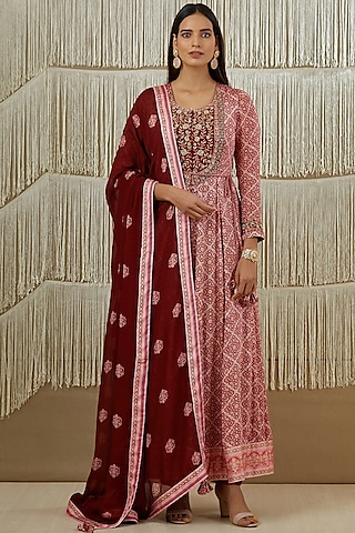 Dark Maroon Zardosi Embroidered Anarkali Set by Shyam Narayan Prasad
