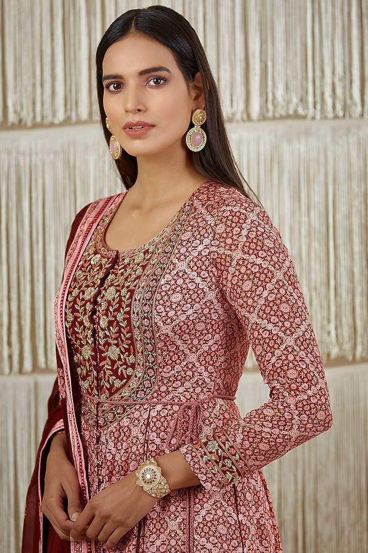 Dark Maroon Zardosi Embroidered Wedding Anarkali Set by Shyam Narayan Prasad at Pernia's Pop Up Shop