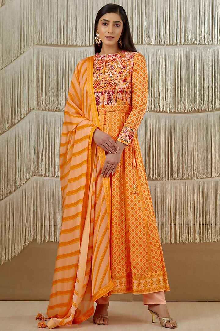 Bright Orange Embroidered Anarkali Set by Shyam Narayan Prasad