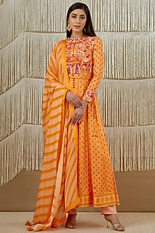 Bright Orange Embroidered Anarkali Set by Shyam Narayan Prasad-SHYAM NARAYAN PRASAD