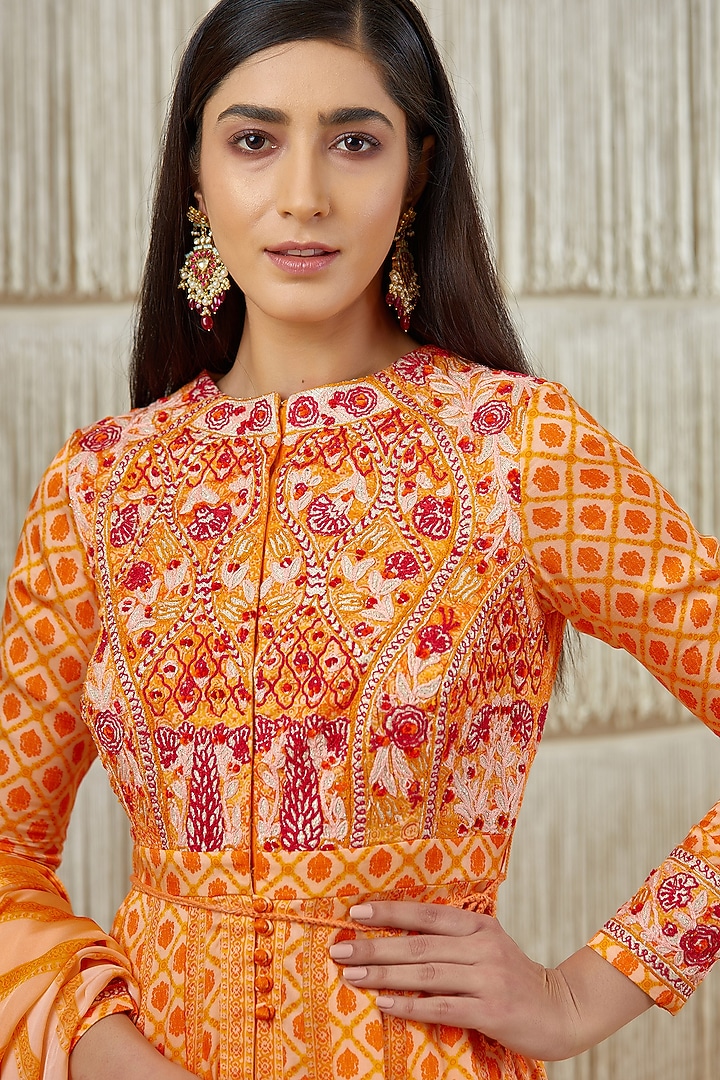 Bright Orange Embroidered Wedding Anarkali Set by Shyam Narayan Prasad at Pernia's Pop Up Shop