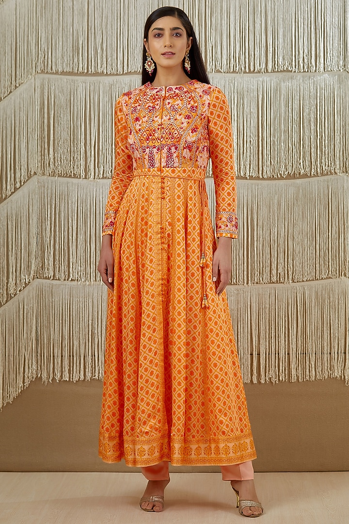 Bright Orange Embroidered Wedding Anarkali Set by Shyam Narayan Prasad at Pernia's Pop Up Shop