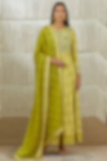 Mustard Green Embroidered Wedding Anarkali Set by Shyam Narayan Prasad at Pernia's Pop Up Shop