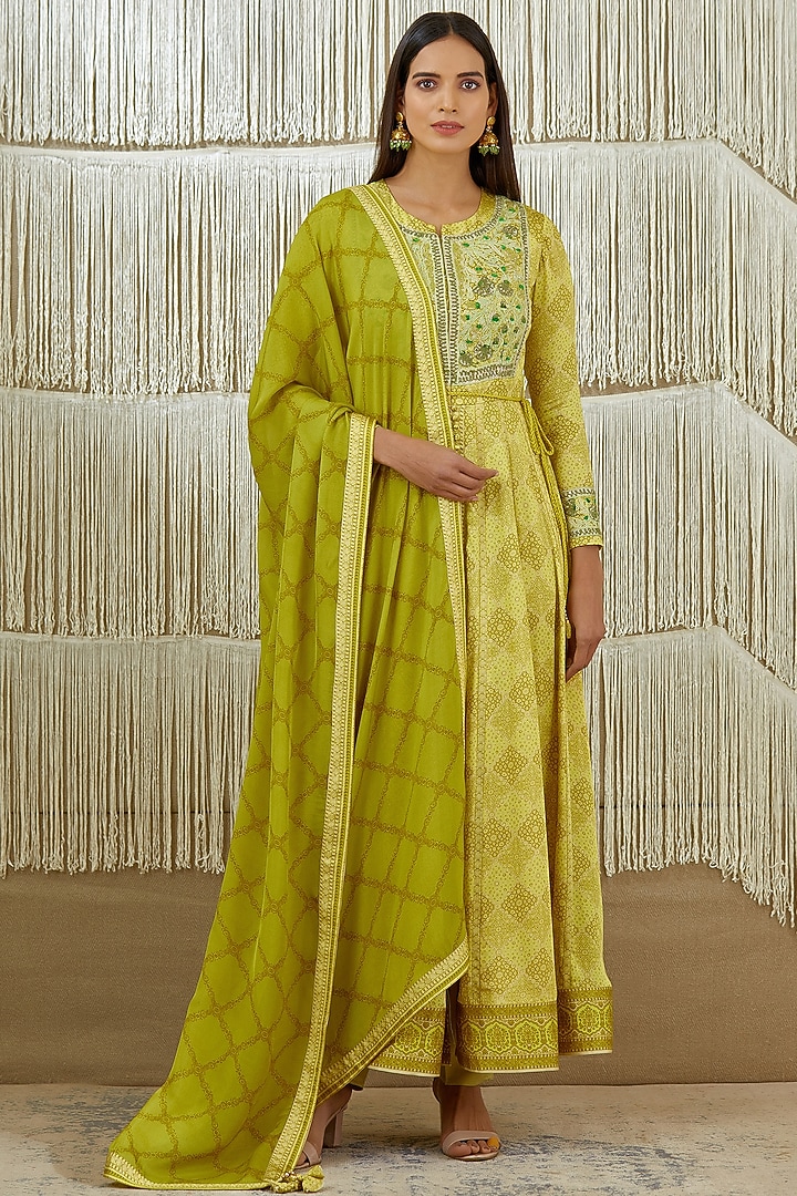 Mustard Green Embroidered Wedding Anarkali Set by Shyam Narayan Prasad at Pernia's Pop Up Shop