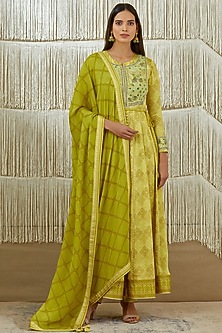 Mustard Green Embroidered Anarkali Set by Shyam Narayan Prasad-SHYAM NARAYAN PRASAD