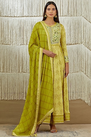 Mustard Green Embroidered Anarkali Set by Shyam Narayan Prasad