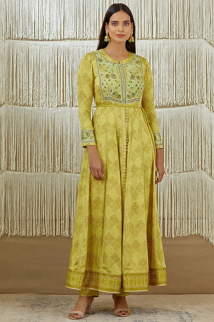 Mustard Green Embroidered Wedding Anarkali Set by Shyam Narayan Prasad at Pernia's Pop Up Shop