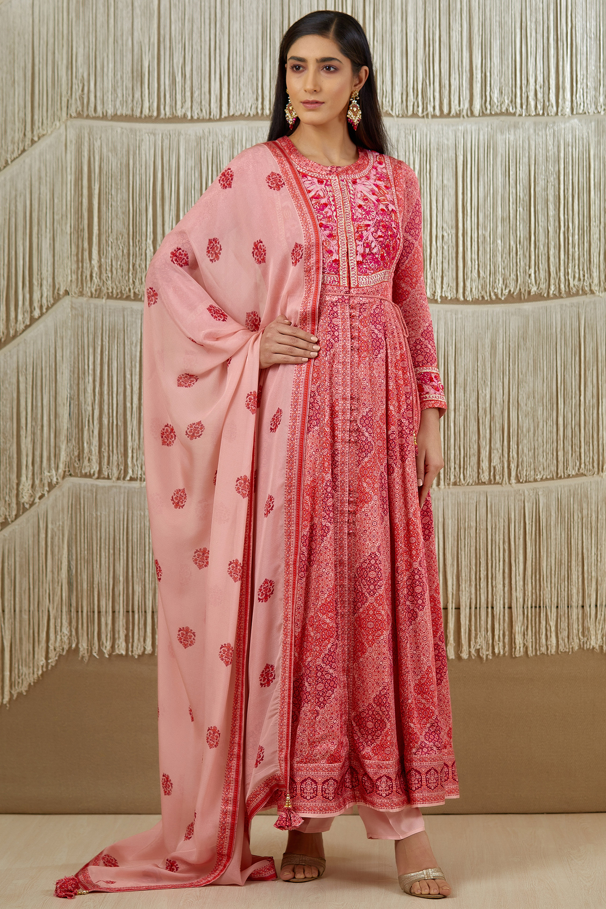 Pink Embroidered & Printed Party Wear Anarkali Set by Shyam Narayan Prasad at Pernia's Pop Up Shop