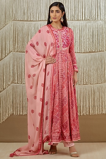 Pink Embroidered & Printed Wedding Anarkali Set by Shyam Narayan Prasad at Pernia's Pop Up Shop
