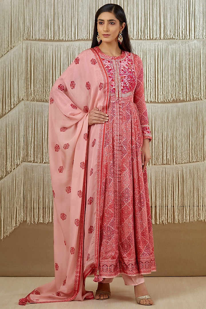 Pink Embroidered & Printed Party Wear Anarkali Set by Shyam Narayan Prasad at Pernia's Pop Up Shop