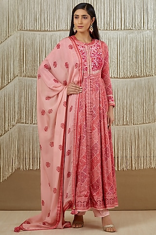 Pink Embroidered & Printed Anarkali Set by Shyam Narayan Prasad