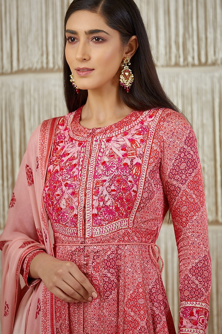 Pink Embroidered & Printed Wedding Anarkali Set by Shyam Narayan Prasad at Pernia's Pop Up Shop