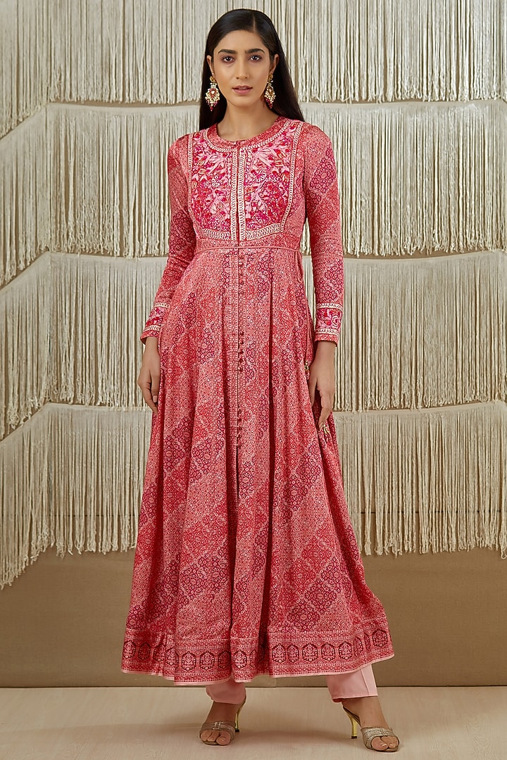 Pink Embroidered & Printed Wedding Anarkali Set by Shyam Narayan Prasad at Pernia's Pop Up Shop