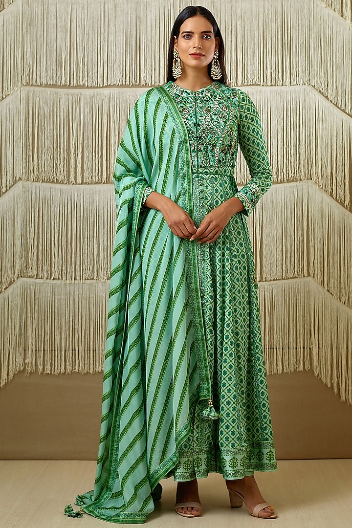 Green Embroidered & Printed Party Wear Anarkali Set by Shyam Narayan Prasad at Pernia's Pop Up Shop