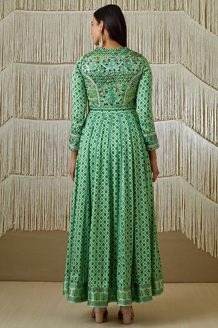 Green Embroidered & Printed Wedding Anarkali Set by Shyam Narayan Prasad at Pernia's Pop Up Shop