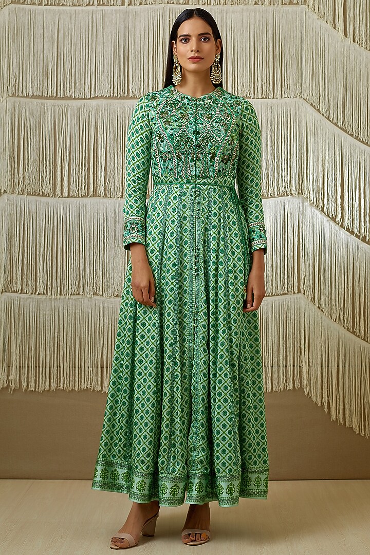 Green Embroidered & Printed Wedding Anarkali Set by Shyam Narayan Prasad at Pernia's Pop Up Shop