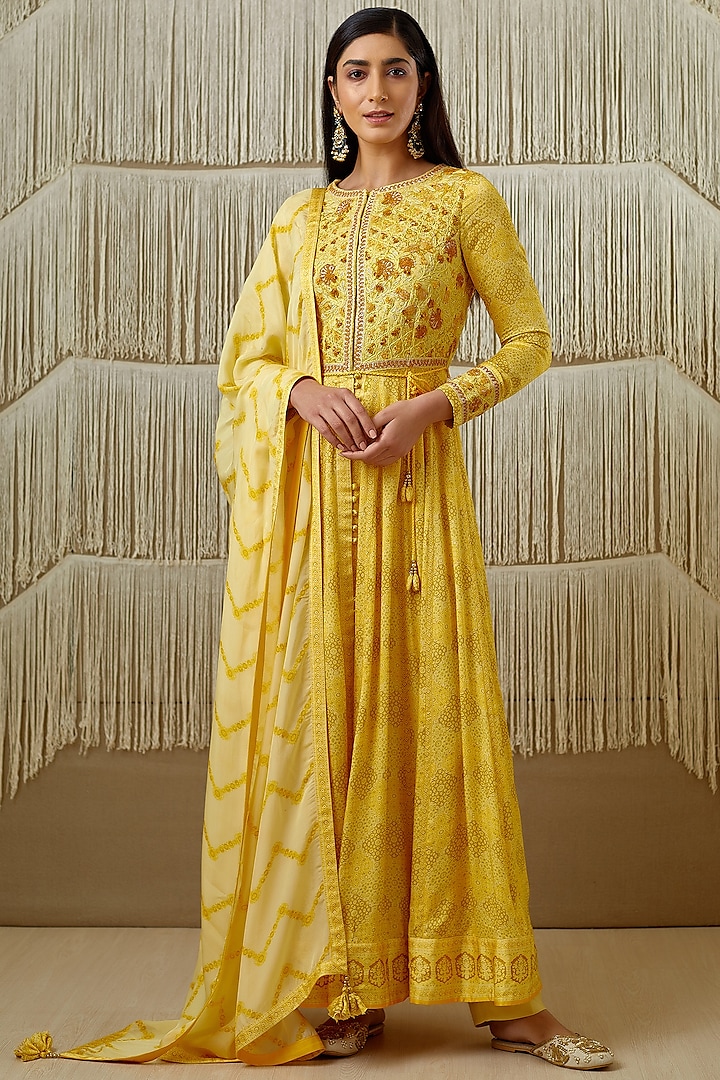 Yellow Embroidered & Printed Anarkali Set by Shyam Narayan Prasad