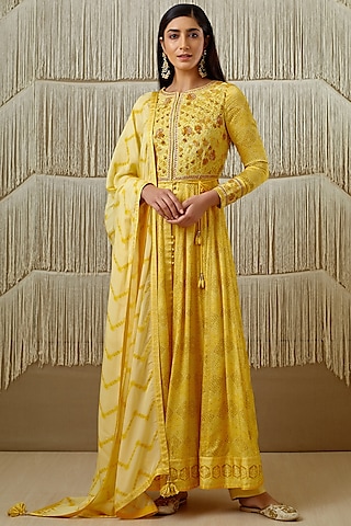 Yellow Embroidered & Printed Anarkali Set by Shyam Narayan Prasad