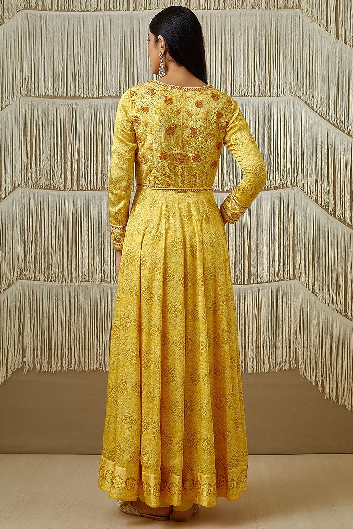 Yellow Embroidered & Printed Wedding Anarkali Set by Shyam Narayan Prasad at Pernia's Pop Up Shop