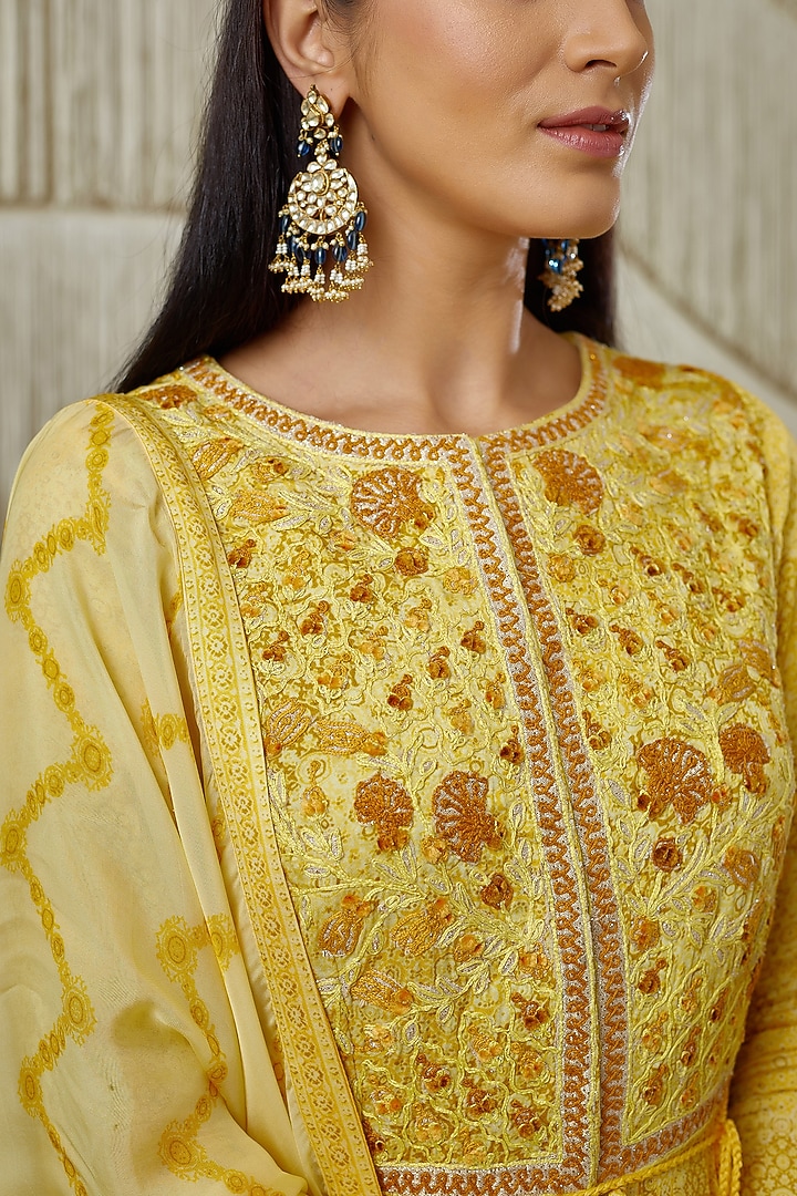 Yellow Embroidered & Printed Wedding Anarkali Set by Shyam Narayan Prasad at Pernia's Pop Up Shop