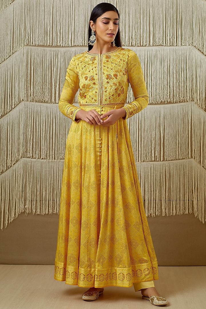 Yellow Embroidered & Printed Wedding Anarkali Set by Shyam Narayan Prasad at Pernia's Pop Up Shop