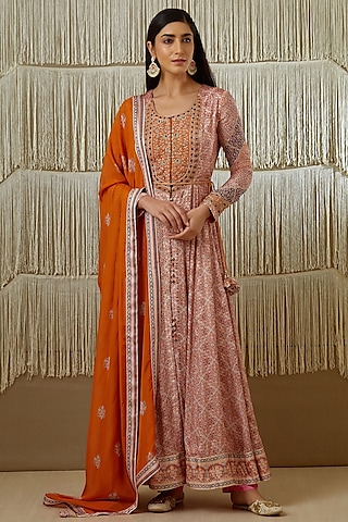 Rust Embroidered & Printed Anarkali Set by Shyam Narayan Prasad