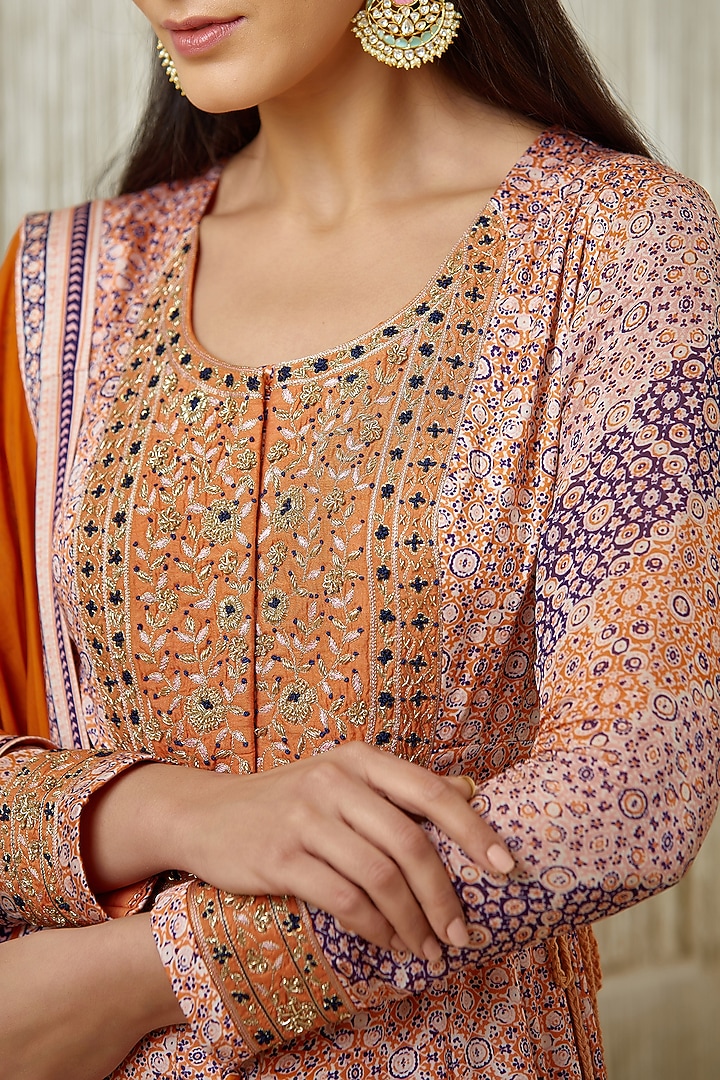 Rust Embroidered & Printed Wedding Anarkali Set by Shyam Narayan Prasad at Pernia's Pop Up Shop
