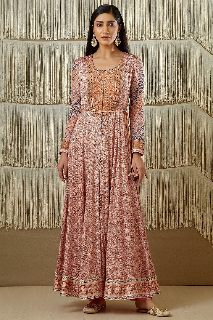 Rust Embroidered & Printed Wedding Anarkali Set by Shyam Narayan Prasad at Pernia's Pop Up Shop