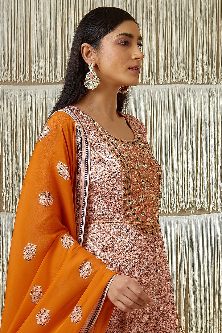 Rust Embroidered & Printed Wedding Anarkali Set by Shyam Narayan Prasad at Pernia's Pop Up Shop