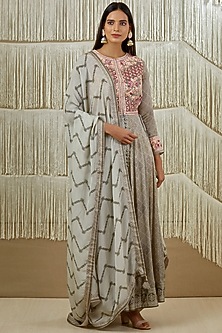 Grey Embroidered & Printed Anarkali Set by Shyam Narayan Prasad-SHYAM NARAYAN PRASAD