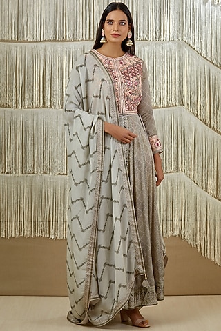 Grey Embroidered & Printed Anarkali Set by Shyam Narayan Prasad