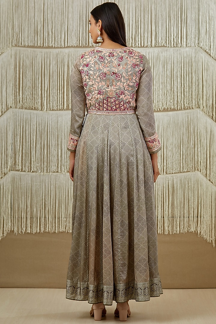 Grey Embroidered & Printed Wedding Anarkali Set by Shyam Narayan Prasad at Pernia's Pop Up Shop
