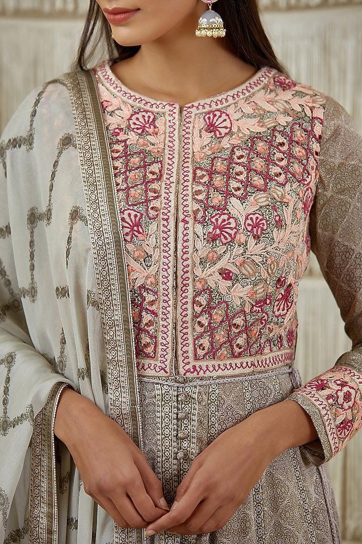 Grey Embroidered & Printed Wedding Anarkali Set by Shyam Narayan Prasad at Pernia's Pop Up Shop