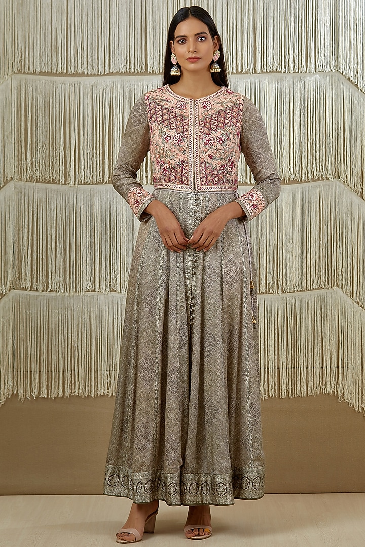 Grey Embroidered & Printed Wedding Anarkali Set by Shyam Narayan Prasad at Pernia's Pop Up Shop