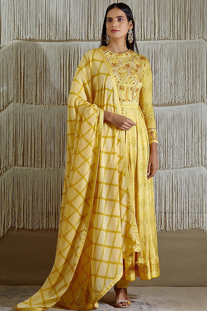 Lemon Yellow Embroidered & Printed Anarkali Set by Shyam Narayan Prasad