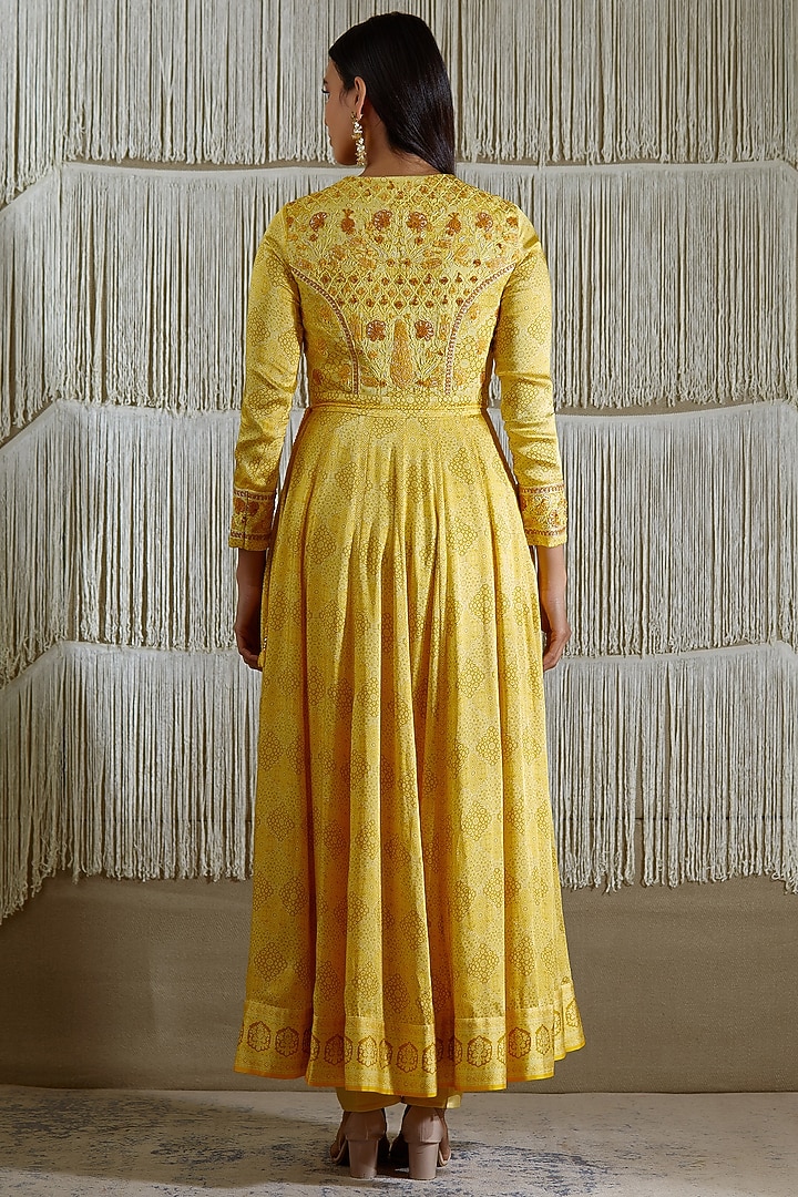 Lemon Yellow Embroidered & Printed Wedding Anarkali Set by Shyam Narayan Prasad at Pernia's Pop Up Shop