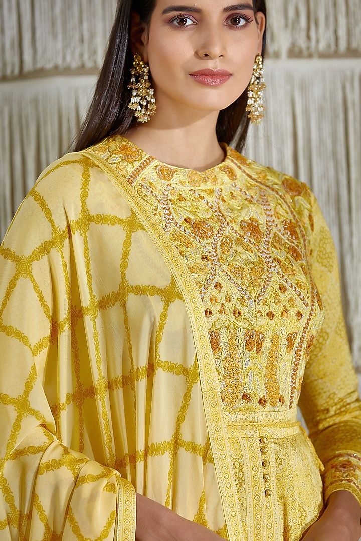 Lemon Yellow Embroidered & Printed Wedding Anarkali Set by Shyam Narayan Prasad at Pernia's Pop Up Shop