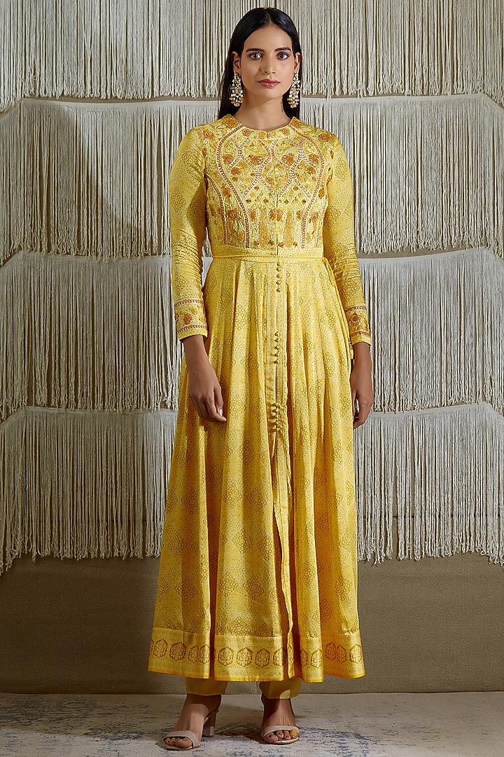Lemon Yellow Embroidered & Printed Wedding Anarkali Set by Shyam Narayan Prasad at Pernia's Pop Up Shop