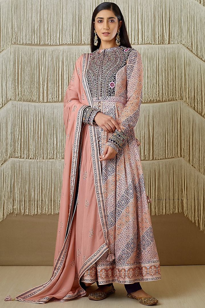 Pink & Navy Blue Embroidered Wedding Anarkali Set by Shyam Narayan Prasad at Pernia's Pop Up Shop