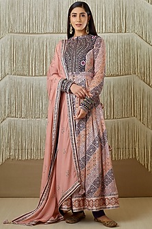 Pink & Navy Blue Embroidered Anarkali Set by Shyam Narayan Prasad-SHYAM NARAYAN PRASAD