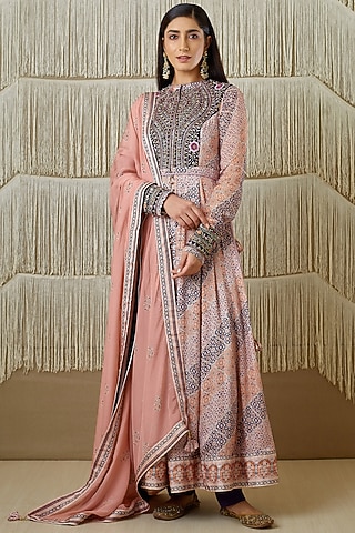 Pink & Navy Blue Embroidered Anarkali Set by Shyam Narayan Prasad